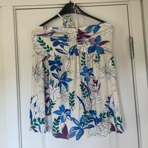 White and blue floral strapless halter dress with neck tie